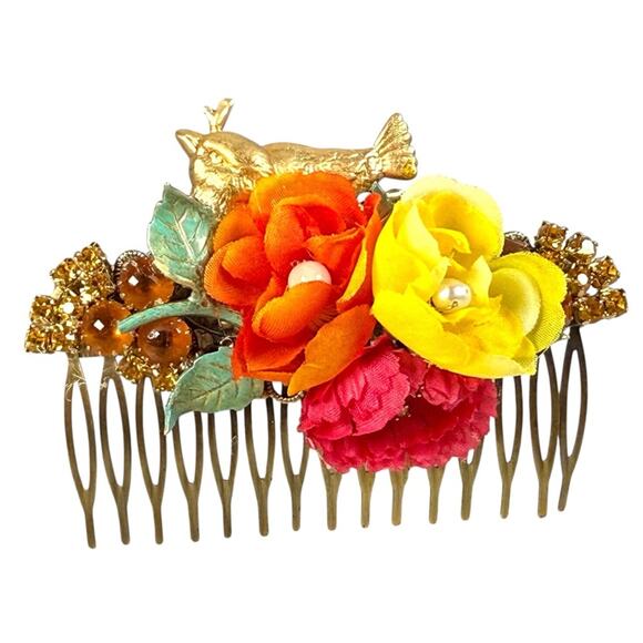 Gold Bird Floral Hair Comb Autumn Rose Bridal Boho Vintage-Inspired Accessory - Picture 1 of 5